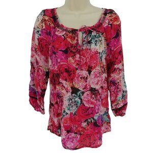 Vanessa Virginia Womens Small Pink Rose Floral Flower Keyhole Blouse Shirt Top